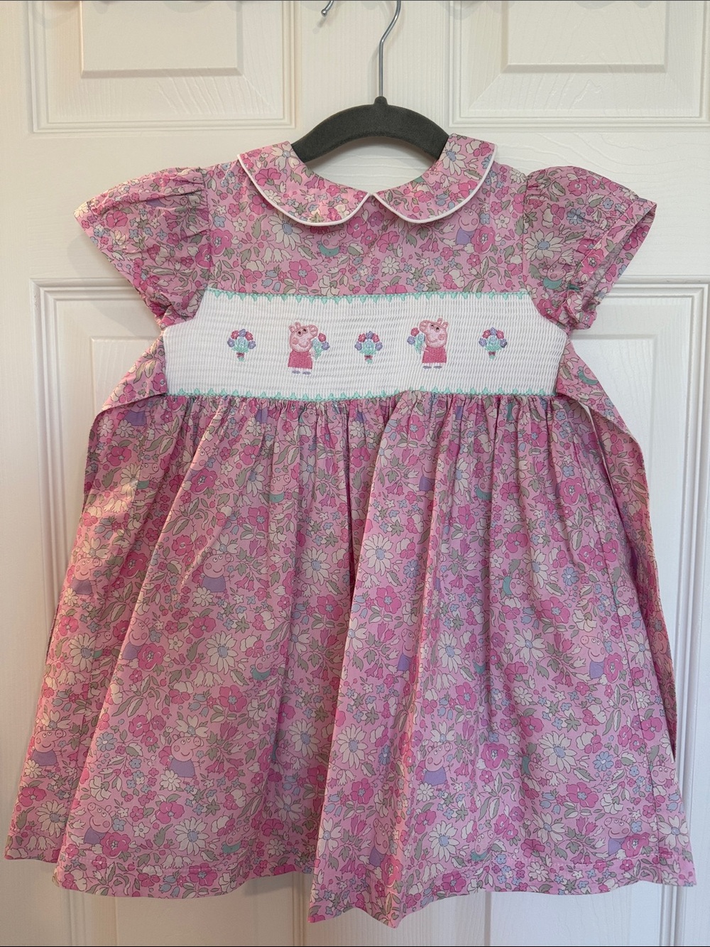 Peppa Pig & Trotters London Pink Floral Smocked Baby Dress with Peter Pan Collar